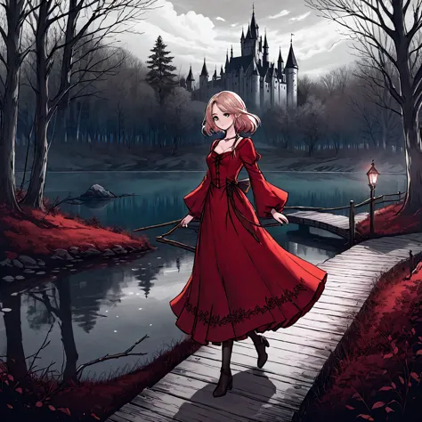 a beautiful young witch，wearing a red dress（european medieval style，gothic style），walking alone in the woods of the park，there i...