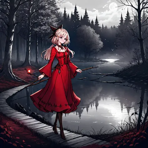 a beautiful young witch，wearing a red dress（european medieval style，gothic style），walking alone in the woods of the park，there i...