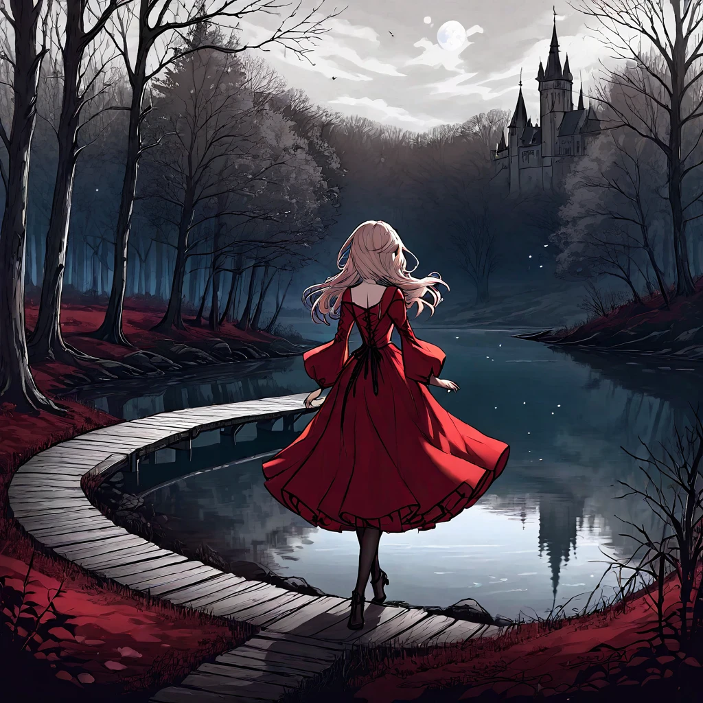 A beautiful young witch，Wearing a red dress（European medieval style，Gothic style），Walking alone in the woods of the park，There is a lake next to it.。Line drawing style，Suspenseful dark style。