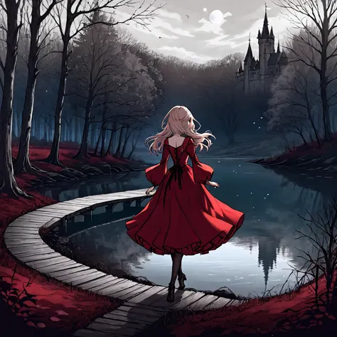 a beautiful young witch，wearing a red dress（european medieval style，gothic style），walking alone in the woods of the park，there i...