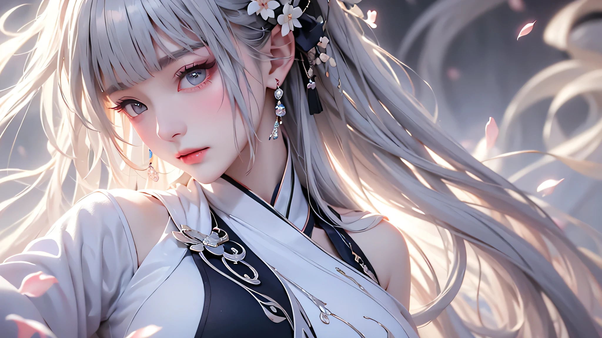 super high quality, masterpiece, Perfect illustration, Very detailed (Exquisite light and shadow, Very dramatic photo,Backlight) , ((Gray Hair:1.5))1 Girl,(( alone:1.6)), (Wearing Han clothes, Black and white Hanfu,Monotony,Long sleeve) Flower Field, Flowers, (White smoke:1.3) (Realistic:1.4), Zen Intertwining, Tangled, Official Art, unity 8k wallpaper, Very detailed, Beautiful and beautiful, masterpiece, Highest quality, (Dynamic Angle: 1.4), Glowing Skin, (Floating colorful flashes: 1) The most beautiful chaotic shapes, elegant, Brutalist Design, Bright colors, Romantic Depth of Field Exotic_dance, half_naked、Expose your shoulders、Ample breasts、Great cleavage、
