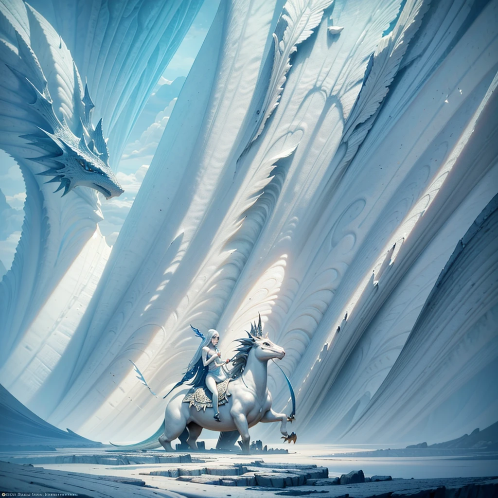 Work of art a 3D rendered illustration by the artist Cepriu. A seductive elegant elf dresses in fantasy, is riding a majestic dragon with hyper detailed white scales and subtle intricate details. They emerge from a sea of clouds with soft light and great detail of textures. This illustration exudes mysticism, immersing the viewer in a dreamlike and fascinating world..