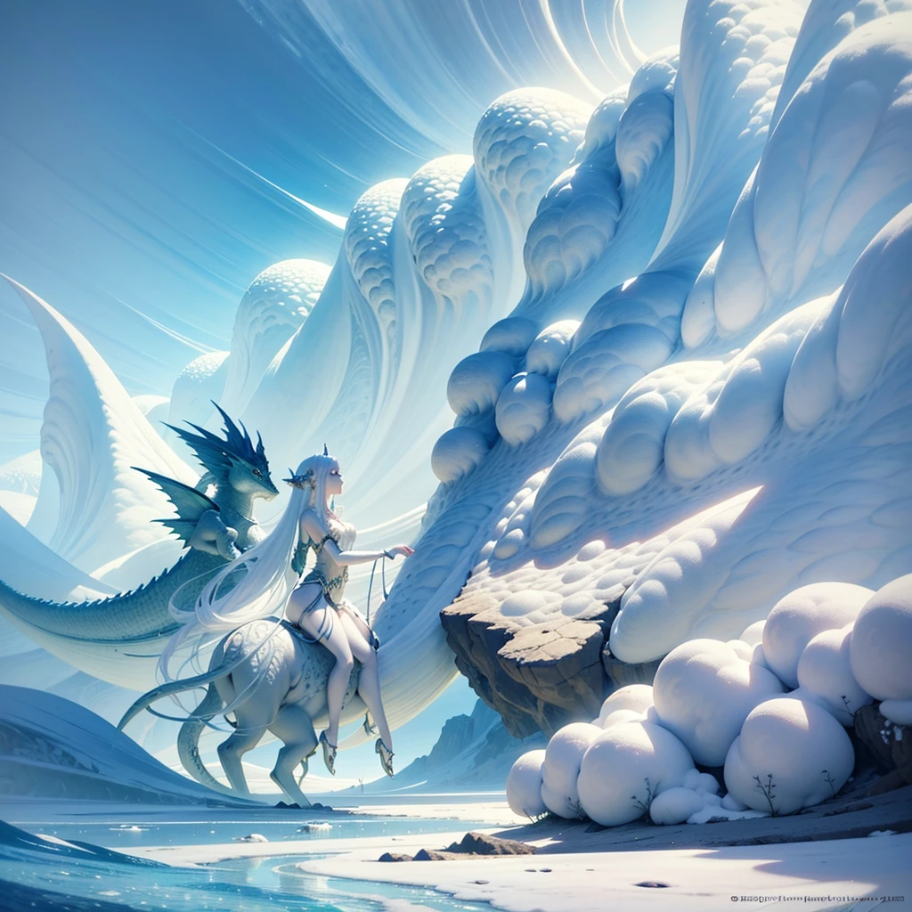 Work of art a 3D rendered illustration by the artist Cepriu. A seductive elegant elf dresses in fantasy, is riding a majestic dragon with hyper detailed white scales and subtle intricate details. They emerge from a sea of clouds with soft light and great detail of textures. This illustration exudes mysticism, immersing the viewer in a dreamlike and fascinating world..