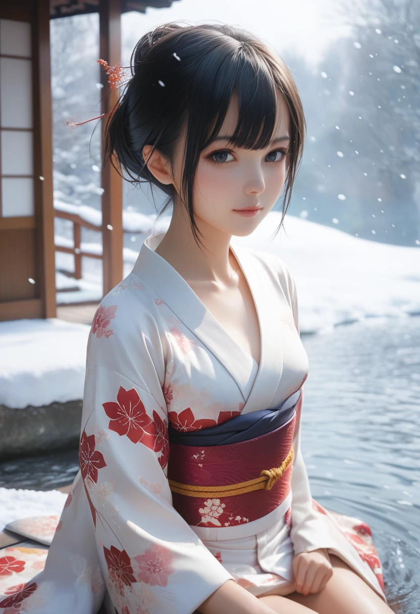 score_9, score_8_up, score_7_up, 1girl, solo, looking at viewer, short hair, black eyes, beautiful detailed eyes,black hair, nape, collarbone, long sleeves, sitting, closed mouth, small breasts, outdoors, japanese clothes, wide sleeves, kimono, water, sash, obi, floral print, snow, snowing, white kimono, print kimono,  break,(clear line illustration:1.2), super detailed skin,very high resolution, very aesthetic, Best sexual lighting powered by famous artist, 8k,cute picture,beauty illustration,photoshop_(medium),,(Detailed Lighting),uncensored,