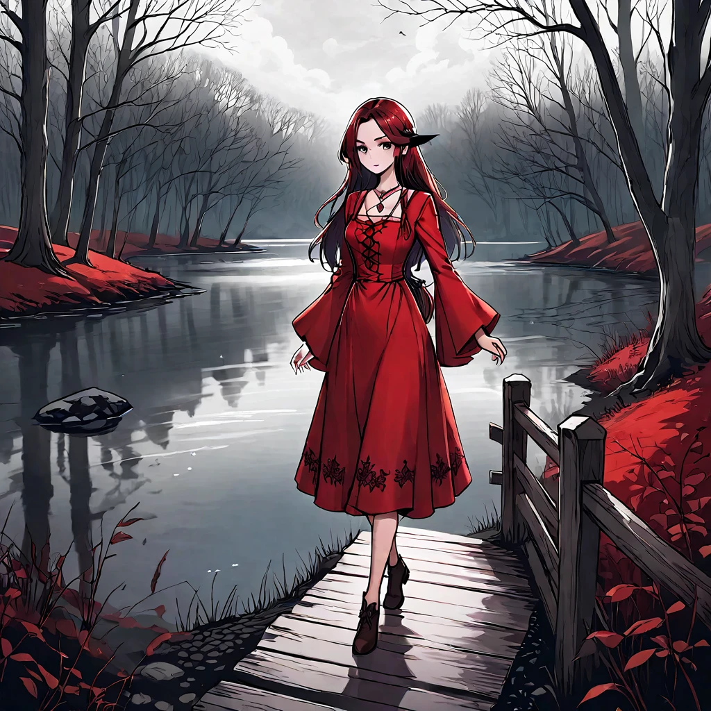 A beautiful young witch，Wearing a red dress（European medieval style，Gothic style），Walking alone in the woods of the park，There is a lake next to it.。Line drawing style，Suspenseful dark style。