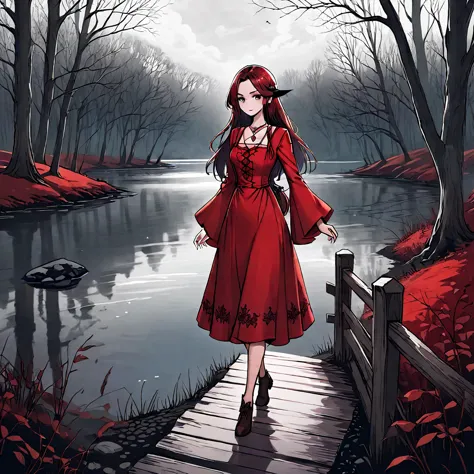 a beautiful young witch，wearing a red dress（european medieval style，gothic style），walking alone in the woods of the park，there i...