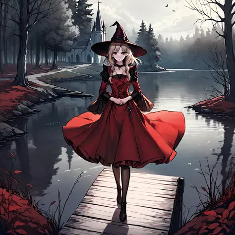 a beautiful young witch，wearing a red dress（european medieval style，gothic style），walking alone in the woods of the park，there i...