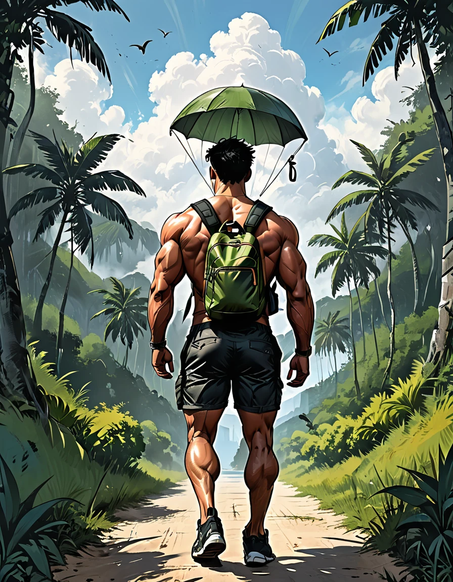 tropical island, cloud, green forest, ((back view)), Man in black shorts walking, Mesomorph Muscular body, perfect Olive skin, short Muscular neck, broad Muscular shoulders, Muscular fitness arms, black short combed back hair, Athletic thighs, Muscular fitness legs, big muscles, fitness round ass, parachute bag on back, Designer Stubble black whiskers, (graphic style of novel comics style),(dark novel style), (comic style), (2d), 8k, hyperrealism, masterpiece, high resolution, best quality, ultra-detailed, super realistic, Hyperrealistic art, high-quality, ultra high res, highest detailed, lot of details, Extremely high-resolution details, incredibly lifelike, soft cinematic light,