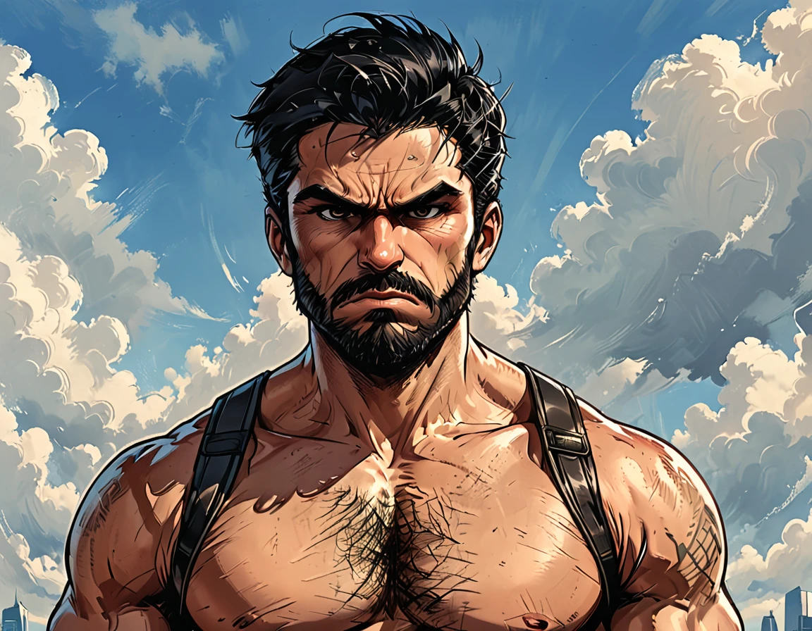 angry portrait of a man in the sky,  ((blue sky)), ((cloud)),backpack straps, man, Adult, Italian, Mesomorph Muscular body, perfect Olive skin, short Muscular neck, Rectangle faces, broad Muscular shoulders, Attached  Cupped Symmetrical Ears, Low Forehead, black short combed back hair, Fleshy nose, Bold Tapered black Eyebrows, High Angular Symmetrical Prominent Cheekbones, Heart-Shaped Cheeks, triangular Chin, Angular jawline, brown Upturned eyes, Thin nude Lips, Designer Stubble black whiskers, triangular black hair beard, big muscles,  graphic style of novel comics style,dark novel style, comic style, 2d, 8k, hyperrealism, masterpiece, high resolution, best quality, ultra-detailed, super realistic, Hyperrealistic art, high-quality, ultra high res, highest detailed, lot of details, Extremely high-resolution details, incredibly lifelike, colourful, soft cinematic light,