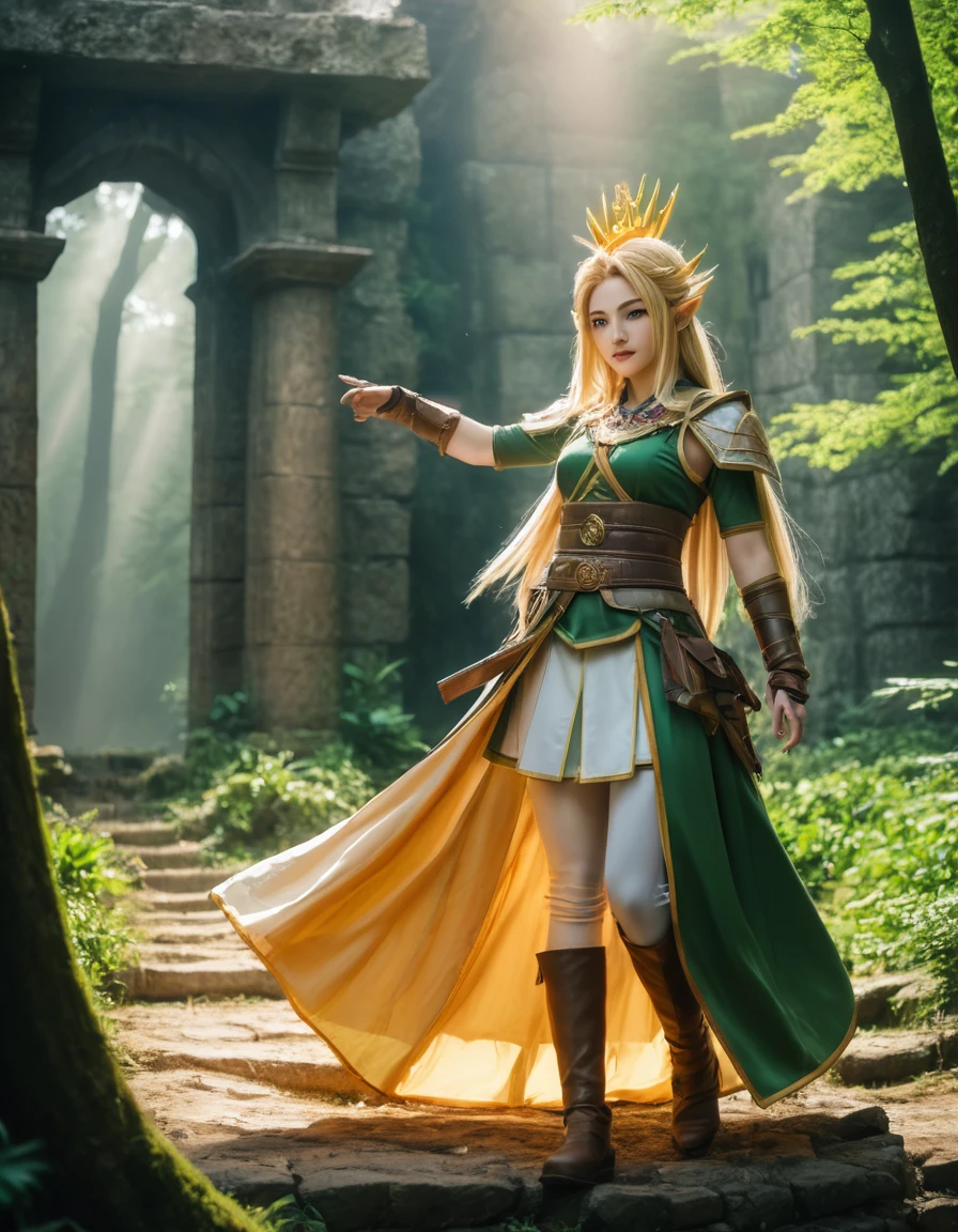 parody, absurd, funny, Agatsuma Zenitsu (Link cosplay) Nezuko (Princess Zelda cosplay) (Twilight Princess version) in action scene, ancient ruins, magical forest, fantasy anime, cinematic, dramatic, masterpiece, dynamic view, full body,