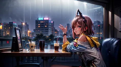 20-year-old female, 90s anime style, rain, coffee shop,, Woman wearing headphones, Late Night Cafe,Listening to music alone, Cit...