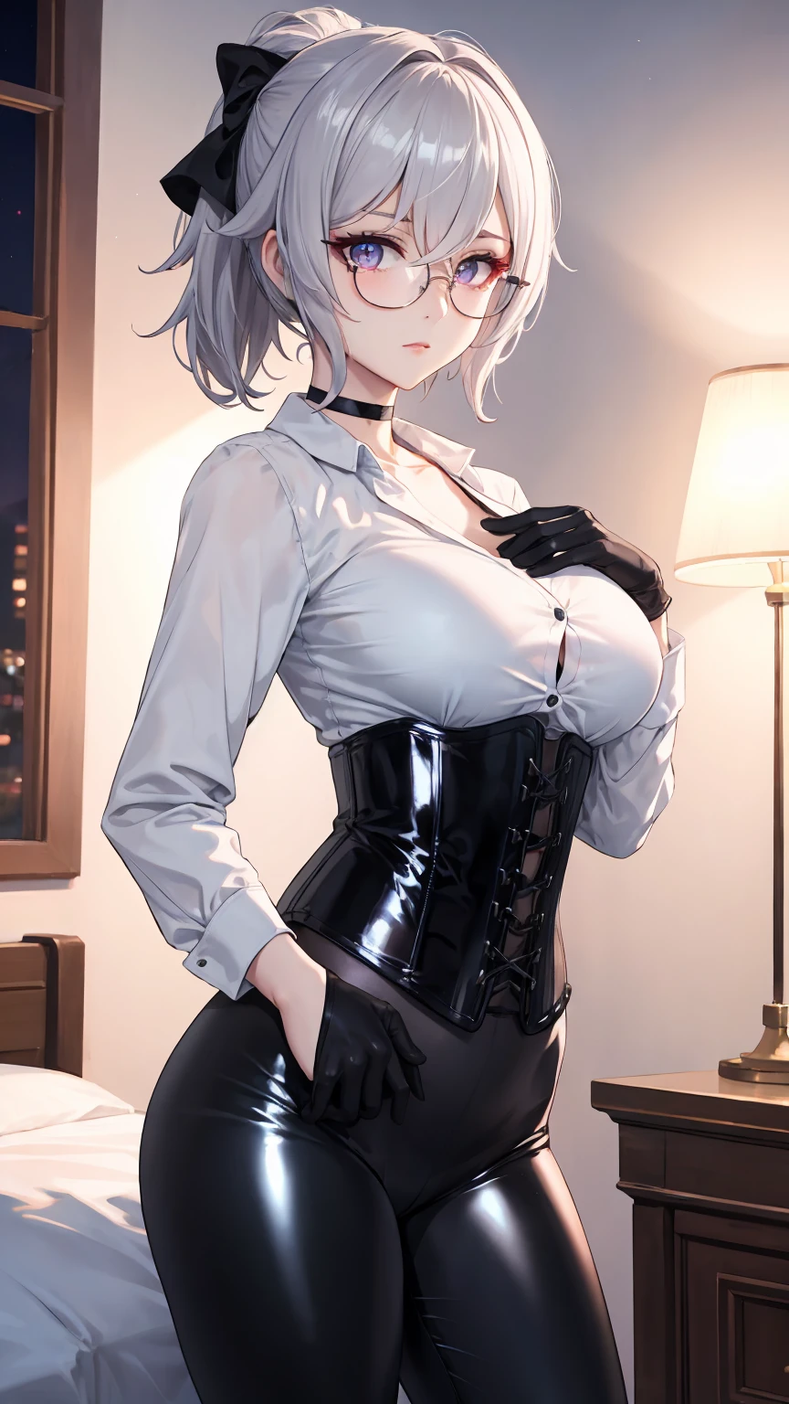 Masterpiece, Beautiful art, professional artist, 8k, detailed body, Very detailed face, very detailed eyes, Detailed clothing, detailed fabric, Best Quality, better resolution, 1 girl, bronya zaychik \(HONKAI IMPACT 3rd\), front view, standing, big breasts, serious expression, At night , silver hair, glasses, choker:1.6, (white collar button down long sleeve shirt), (shiny black corset), black gloves that cover your hands, (shiny black leggings), looking at the viewer, elegant room, At night