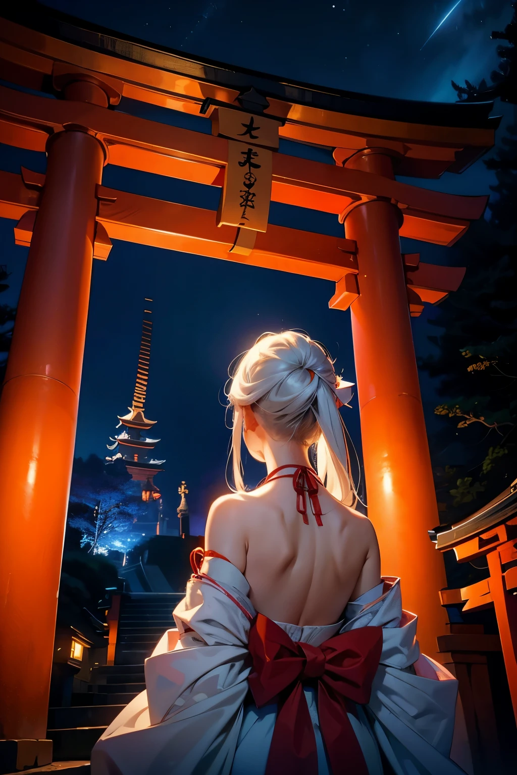 white haired shrine maiden，A faceless back view ，up，Upper Body，torii ,Night Sky，High resolution, High resolution, 8K, Masterpiece 2:1,（ Shrines in Kyoto、star）、