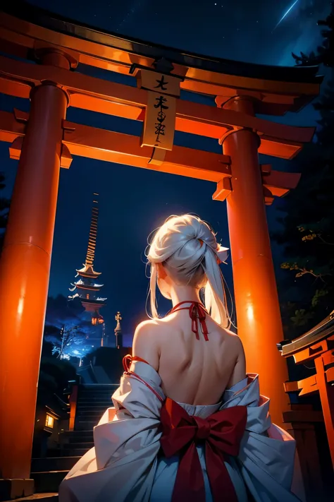 white haired shrine maiden，A faceless back view ，up，Upper Body，torii ,Night Sky，High resolution, High resolution, 8K, Masterpiec...