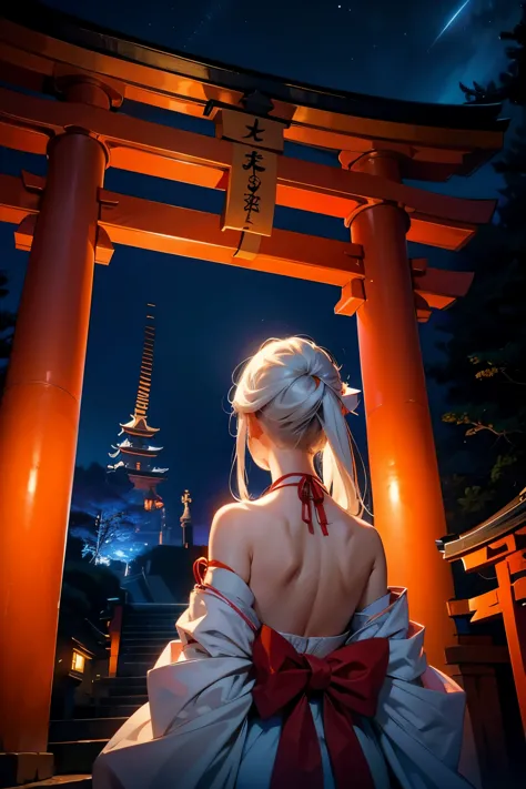 white haired shrine maiden，a faceless back view ，up，upper body，torii ,night sky，high resolution, high resolution, 8k, masterpiec...