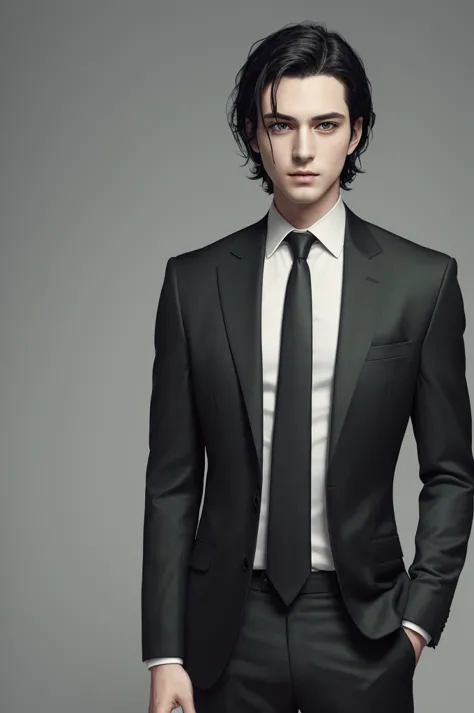 ((Highest quality)), ((masterpiece)), (detailed), whole body，standing，simple background，green eyes，black hair，black suit，green n...