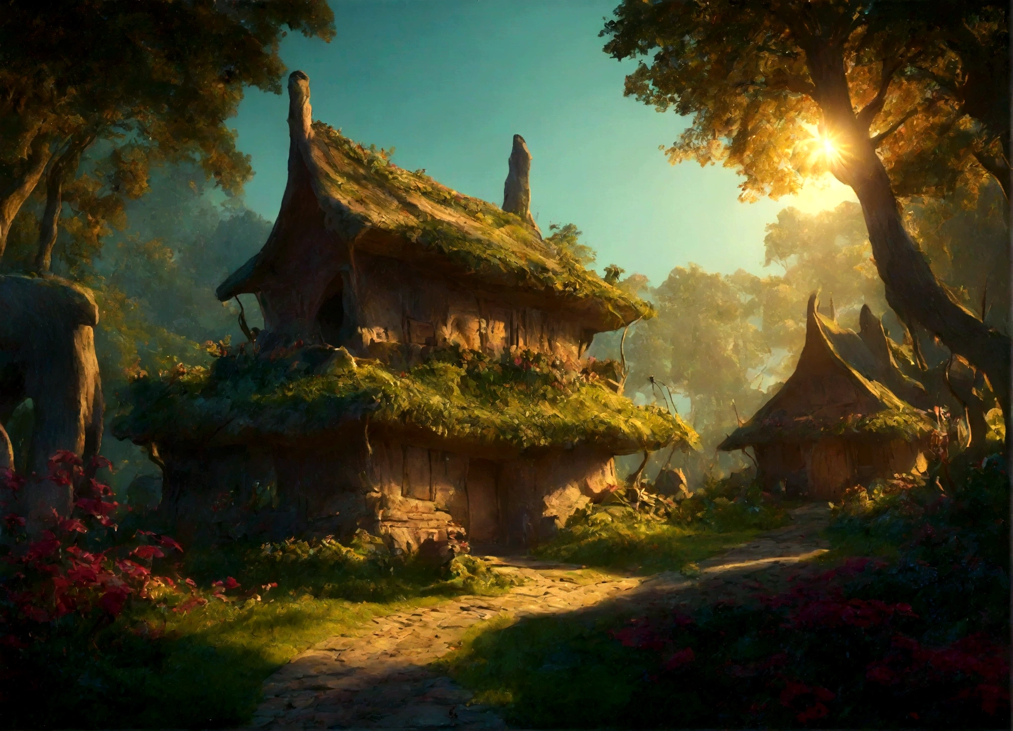 A breathtaking, high-contrast cinematic 8K 3D Disney-style rendering, of a fairy-tale village nestled in a lush forest with dens , . The dens are build in the middle of ancient trees giving then fresh air and shadow. Around the dens, ancient trees and gardens full of multicolored flowers