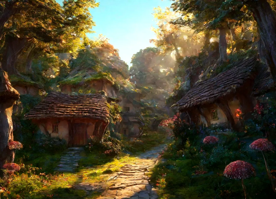 A breathtaking, high-contrast cinematic 8K 3D Disney-style rendering, of a fairy-tale village nestled in a lush forest with dens...