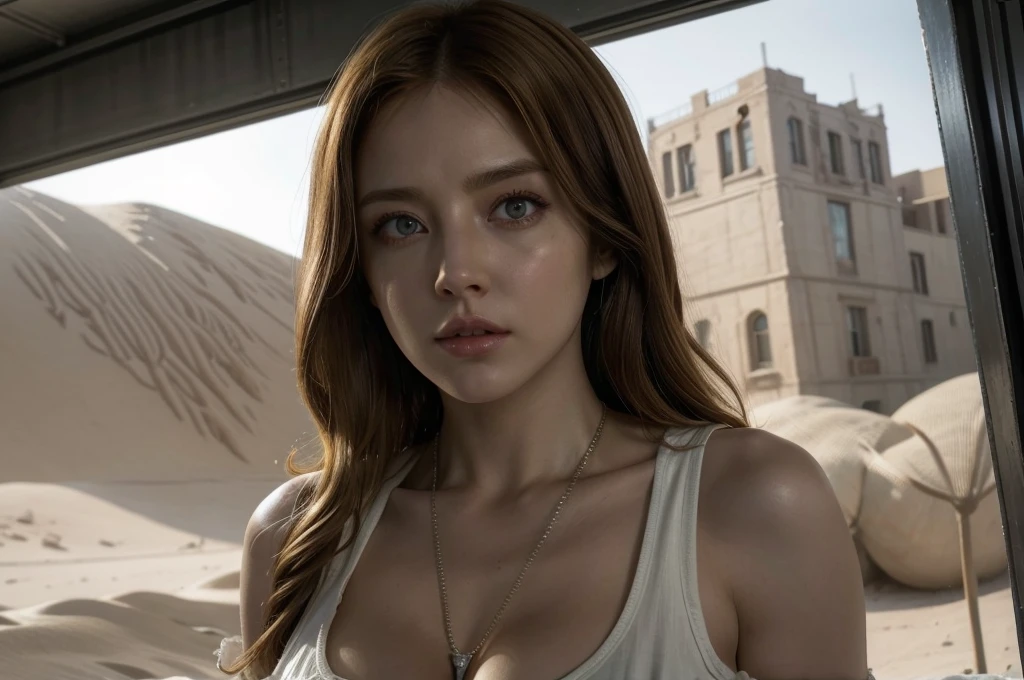 super fine illustration, ultra high resolution, masterpiece, highest quality, perfect lighting, detailed lighting, dramatic shadow, ray tracing, 1 beautiful white girl, solo, looking at viewer, medium breasts, exposed cleavage, beautiful detailed hazel eyes, sharp face, clear eyes, long bang, ((medium curly blond hair:1.2)), ((post-apocalyptic fiction)), ((desert:1.2)), battle suit, military harness, Resident Evil Series, full body,