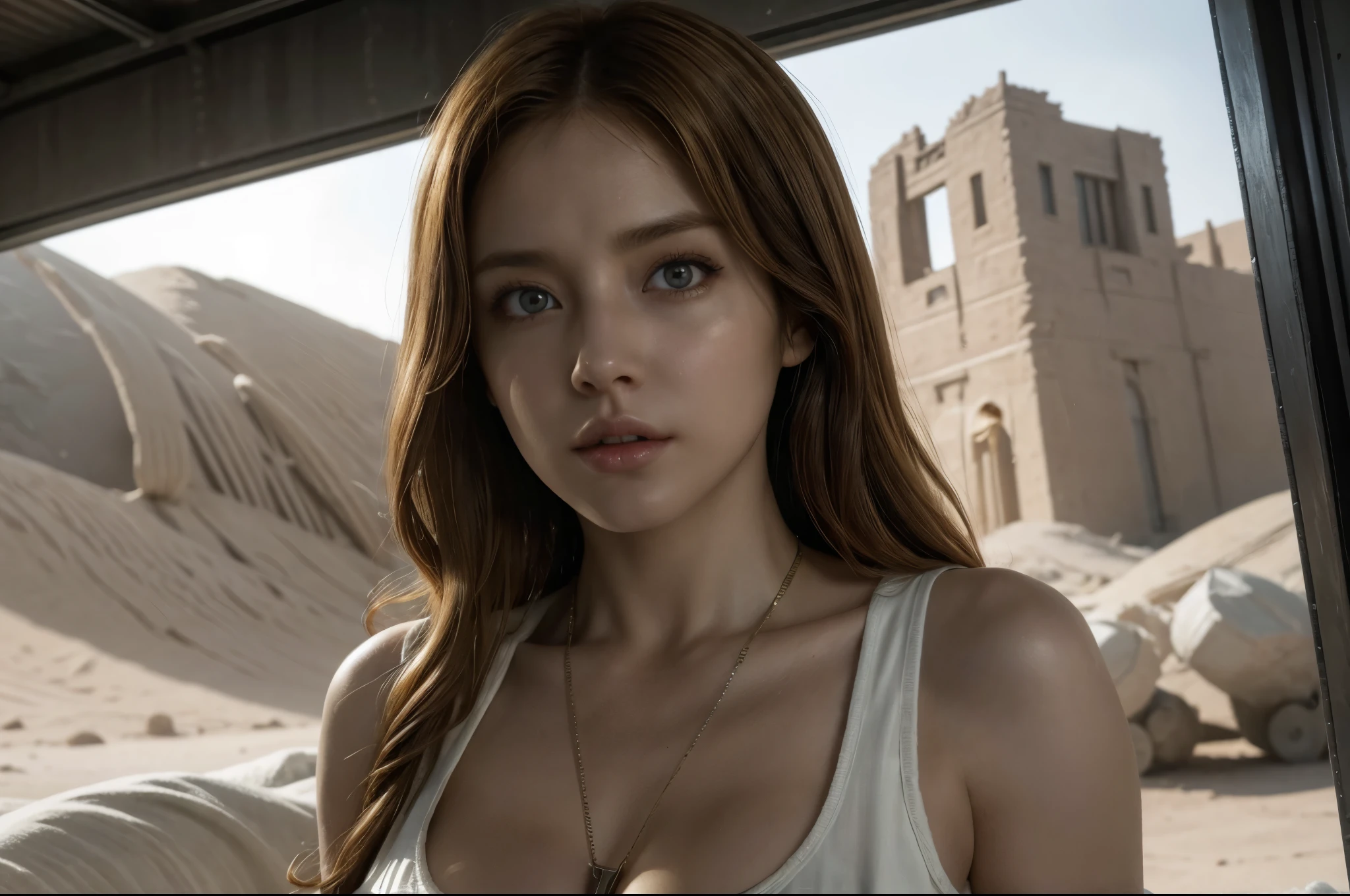 super fine illustration, ultra high resolution, masterpiece, highest quality, perfect lighting, detailed lighting, dramatic shadow, ray tracing, 1 beautiful white girl, solo, looking at viewer, medium breasts, exposed cleavage, beautiful detailed hazel eyes, sharp face, clear eyes, long bang, ((medium curly blond hair:1.2)), ((post-apocalyptic fiction)), ((desert:1.2)), battle suit, military harness, Resident Evil Series, full body,