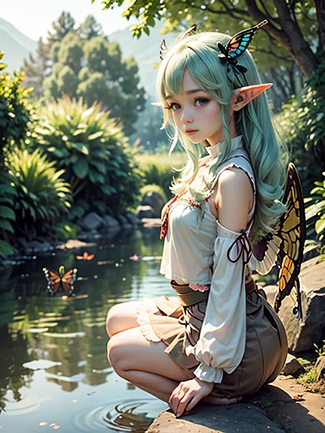 cute elf ears girl、butterfly wings、lakeside