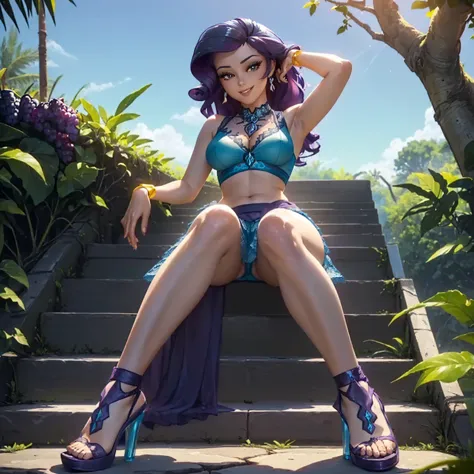 (((beautiful female body))),(((rarity as a sweet charming hot seductive horny model))) ,(((sit on the steps lean to grape tree))...