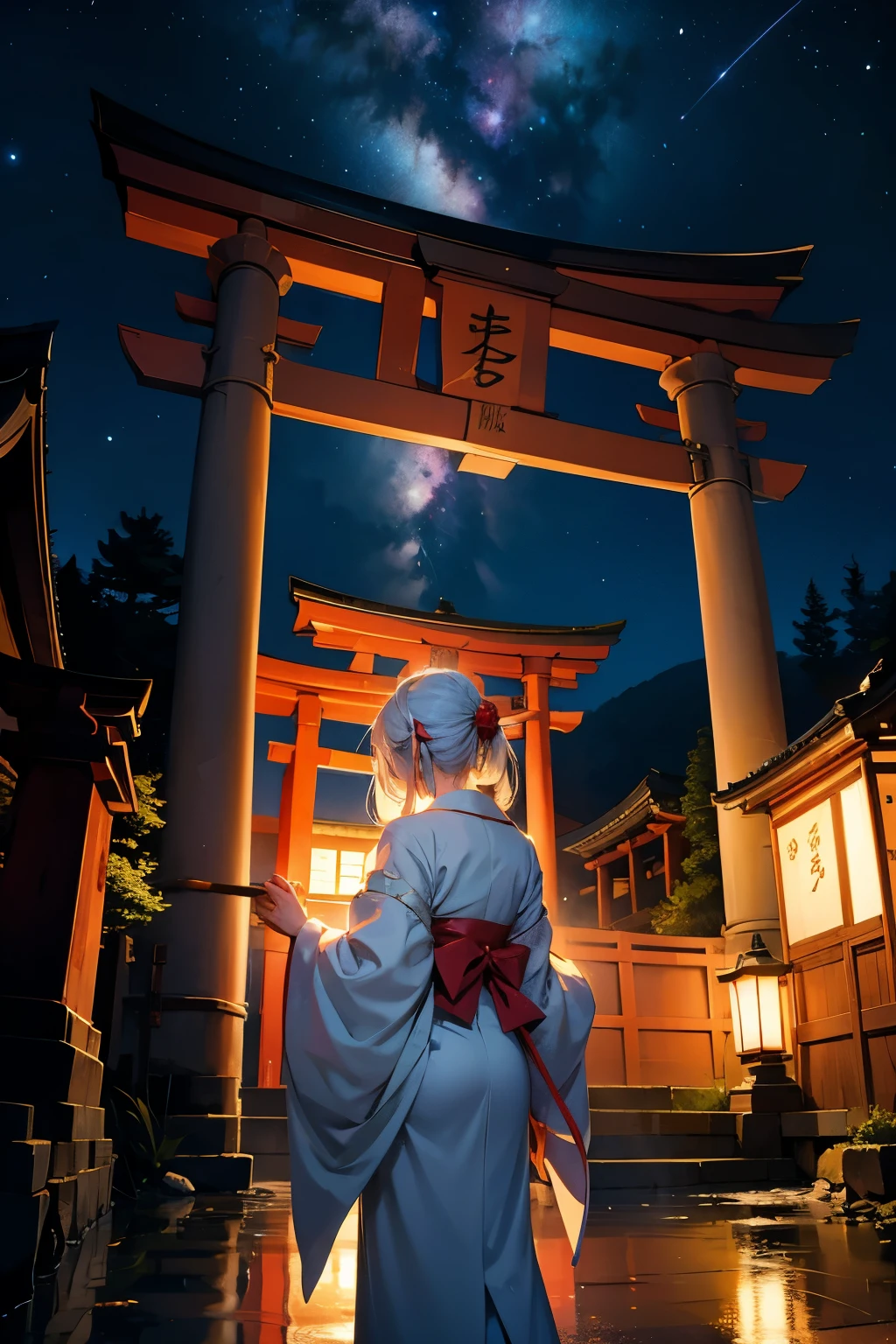 A stylish shrine maiden with white hair，A faceless back view ，up，torii ,Night Sky，High resolution, High resolution, 8K, Masterpiece 2:1,（ Shrines in Kyoto、star）、