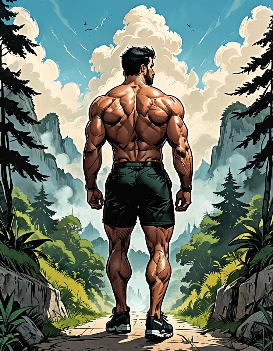 tropical island, cloud, green forest, ((back view)), Man in black shorts walking, Mesomorph Muscular body, perfect Olive skin, short Muscular neck, broad Muscular shoulders, Muscular fitness arms, black short combed back hair, Athletic thighs, Muscular fitness legs, big muscles, fitness round ass,  Designer Stubble black whiskers, (graphic style of novel comics style),(dark novel style), (comic style), (2d), 8k, hyperrealism, masterpiece, high resolution, best quality, ultra-detailed, super realistic, Hyperrealistic art, high-quality, ultra high res, highest detailed, lot of details, Extremely high-resolution details, incredibly lifelike, soft cinematic light,