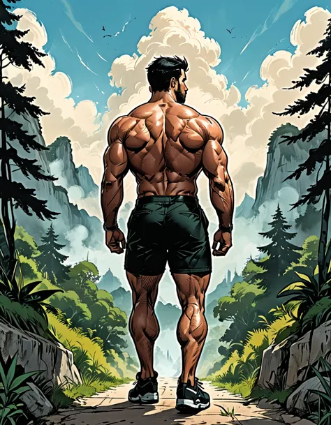 tropical island, cloud, green forest, ((back view)), Man in black shorts walking, Mesomorph Muscular body, perfect Olive skin, s...