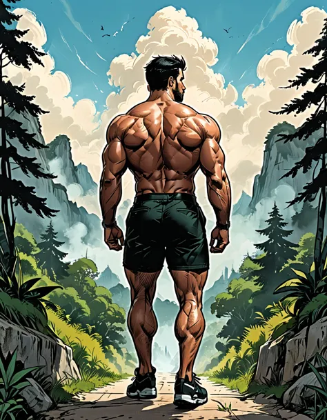 tropical island, cloud, green forest, ((back view)), man in black shorts walking, mesomorph muscular body, perfect olive skin, s...