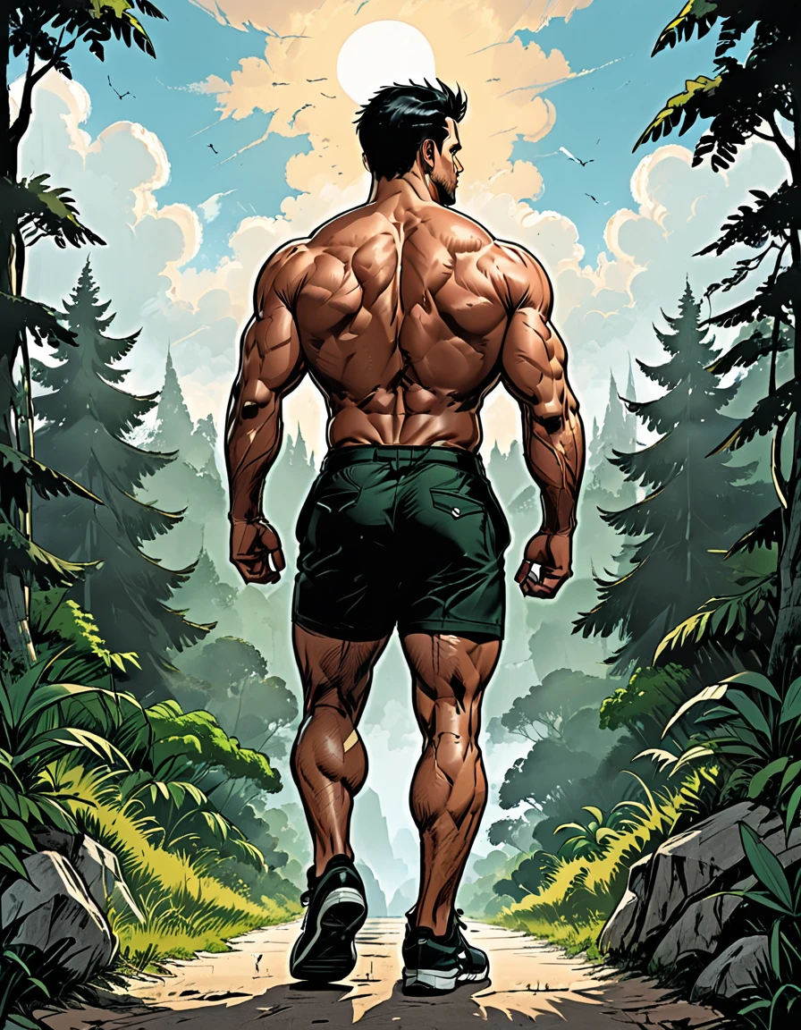 tropical island, cloud, green forest, ((back view)), Man in black shorts walking, Mesomorph Muscular body, perfect Olive skin, short Muscular neck, broad Muscular shoulders, Muscular fitness arms, black short combed back hair, Athletic thighs, Muscular fitness legs, big muscles, fitness round ass,  Designer Stubble black whiskers, (graphic style of novel comics style),(dark novel style), (comic style), (2d), 8k, hyperrealism, masterpiece, high resolution, best quality, ultra-detailed, super realistic, Hyperrealistic art, high-quality, ultra high res, highest detailed, lot of details, Extremely high-resolution details, incredibly lifelike, soft cinematic light,