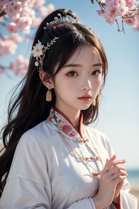 a girl, chinese clothing, whole body, sunlight, clear face, clean white background, masterpiece, super detail, epic composition,...