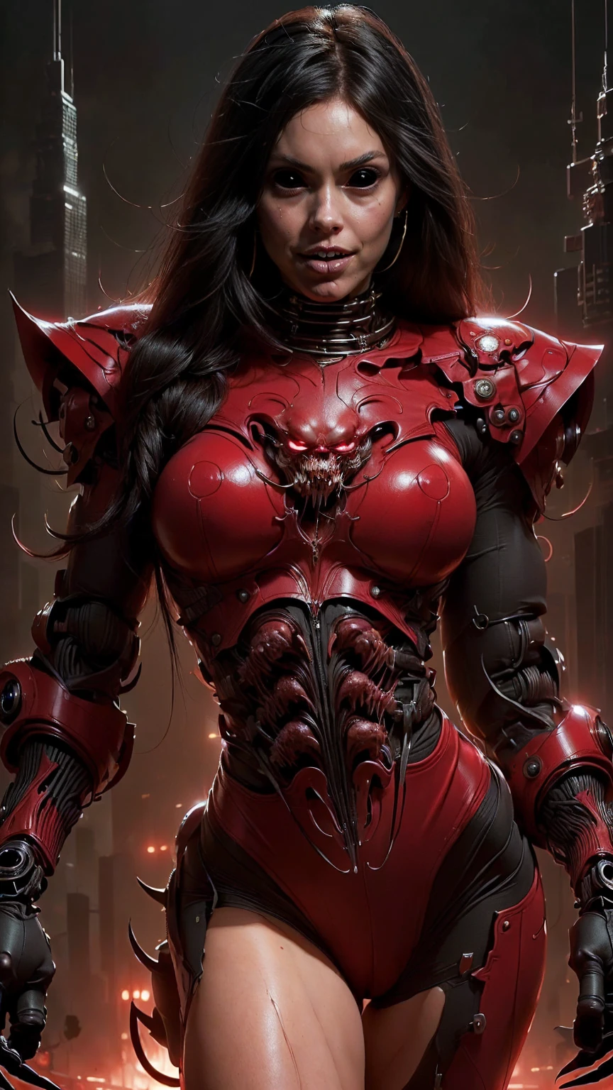(Красивое лицо девушки:1.45), Меган Фокс в образе красивой девушки-вампира с мускулистым красным кровавым телом, (Red Carnage анатомический мускулистый биомеханический мышечный костюм:1.25), (тело полностью покрыто мышцами, вены, сухожилия), (идеальная мышечная анатомия), (широкие плечи и верхняя часть тела:1.25), (тонкая талия:1.25), (Длинные волосы:1.25), (Идеальные руки:1.25)