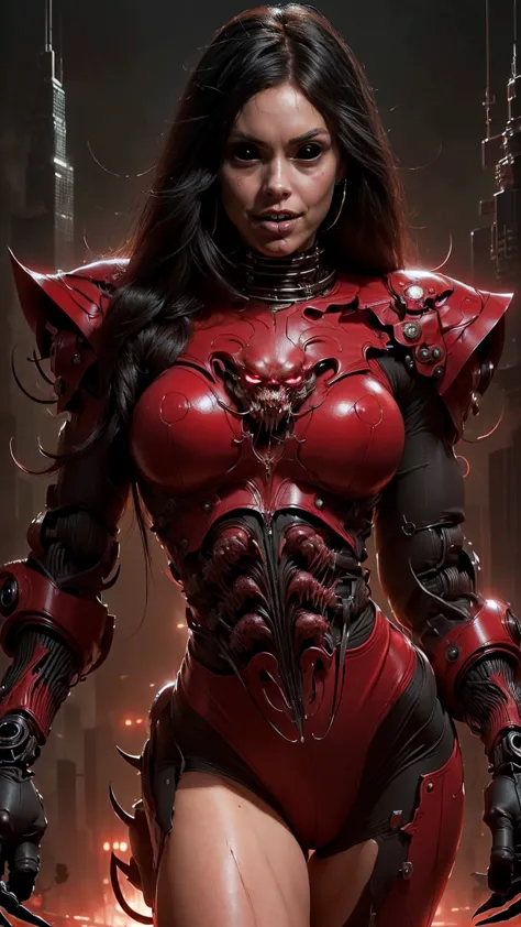 (beautiful girl face:1.45), megan fox as a beautiful vampiric girl with a muscular red carnage body, (red carnage anatomic muscu...