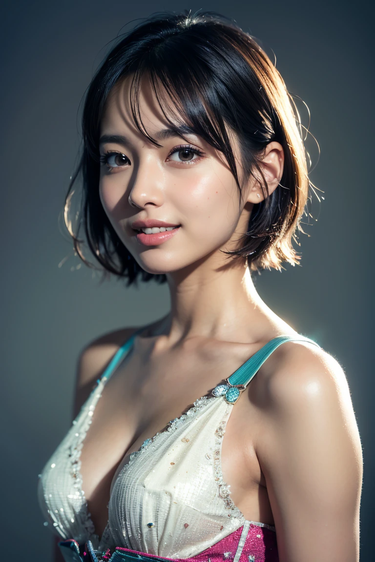 1 girl,(wearing colorful stage costume:1.2),very beautiful japanese idol portrait,close up of face,(RAW photo,best quality),(real,realistic:1.4),(masterpiece),very delicate and beautiful,very detailed,2k wallpaper,amazing,finely detailed,highly detailed CG Unity 8K wallpaper,very detailed,high resolution,soft light,beautiful detailed girl,very detailed eyes and face,beautiful refined nose,finely beautiful eyes,cinema lighting,(simple light color background:1.3),(short hair),(bob),full anatomy,slender body,small breasts,smiling,