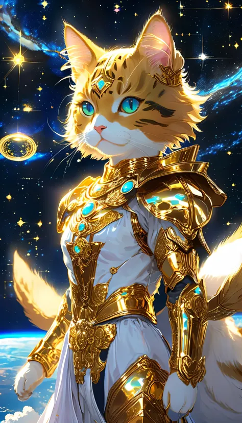 ((8k)), highest quality, 超high resolution, (high resolution),a cat dressed in the outfit of a gold saint from the anime saint se...