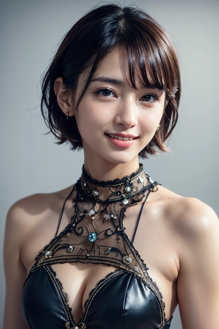 1 girl,(wearing colorful stage costume:1.2),very beautiful japanese idol portrait,close up of face,(RAW photo,best quality),(real,realistic:1.4),(masterpiece),very delicate and beautiful,very detailed,2k wallpaper,amazing,finely detailed,highly detailed CG Unity 8K wallpaper,very detailed,high resolution,soft light,beautiful detailed girl,very detailed eyes and face,beautiful refined nose,finely beautiful eyes,cinema lighting,(simple light color background:1.3),(short hair),(bob),full anatomy,slender body,small breasts,smiling,