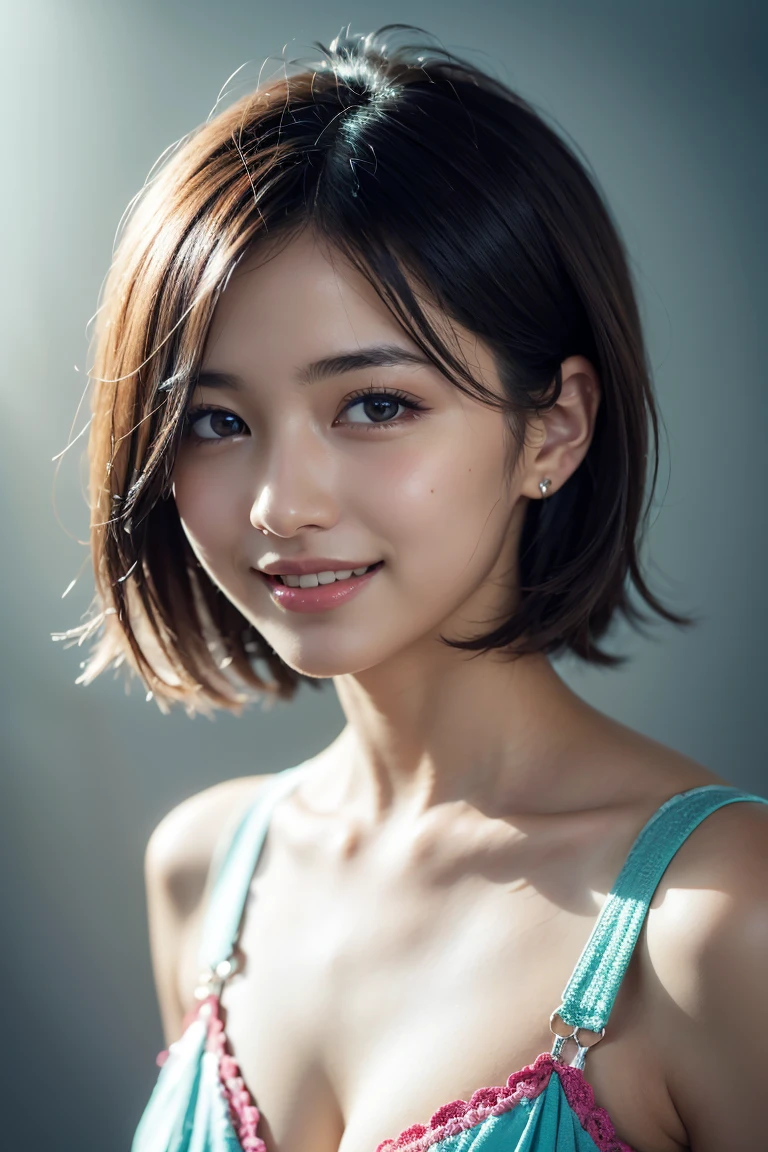 1 girl,(wearing colorful stage costume:1.2),very beautiful japanese idol portrait,close up of face,(RAW photo,best quality),(real,realistic:1.4),(masterpiece),very delicate and beautiful,very detailed,2k wallpaper,amazing,finely detailed,highly detailed CG Unity 8K wallpaper,very detailed,high resolution,soft light,beautiful detailed girl,very detailed eyes and face,beautiful refined nose,finely beautiful eyes,cinema lighting,(simple light color background:1.3),(short hair),(bob),full anatomy,slender body,small breasts,smiling,