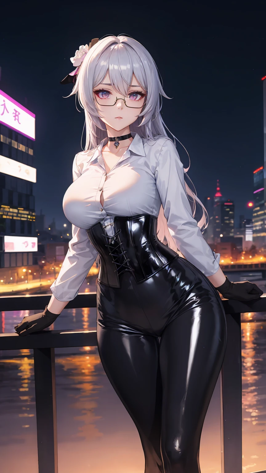 Masterpiece, Beautiful art, professional artist, 8k, detailed body, Very detailed face, very detailed eyes, Detailed clothing, detailed fabric, Best Quality, better resolution, 1 girl, bronya zaychik \(HONKAI IMPACT 3rd\), front view, standing, big breasts, serious expression, At night , long silver hair, round chinese glasses, choker:1.6, (white collar button down long sleeve shirt), (shiny black corset), black gloves that cover your hands, (shiny black leggings), looking at the viewer, modern city, At night