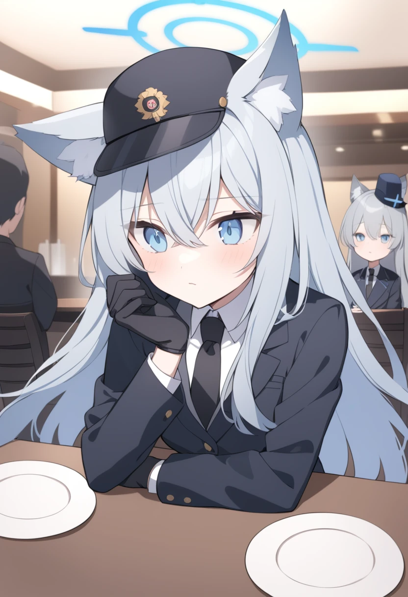 girl，Silver long hair, blue eyes, Wearing a black suit,Black gloves, and black trousers, Sitting in the restaurant，Leisurely expression, blue halo，Black British hat，Gray wolf ears，Black tie，Cross your hands and put them on the table