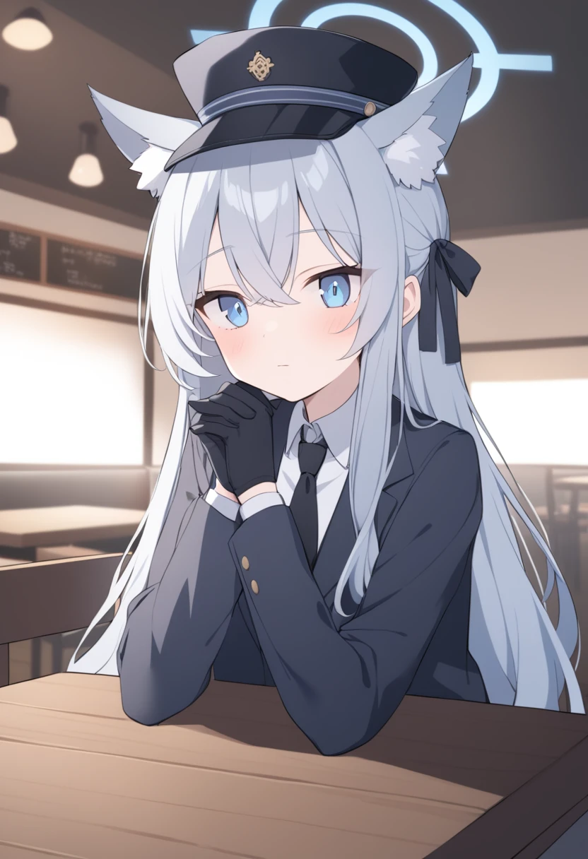 girl，Silver long hair, blue eyes, Wearing a black suit,Black gloves, and black trousers, Sitting in the restaurant，Leisurely expression, blue halo，Black British hat，Gray wolf ears，Black tie，Cross your hands and put them on the table