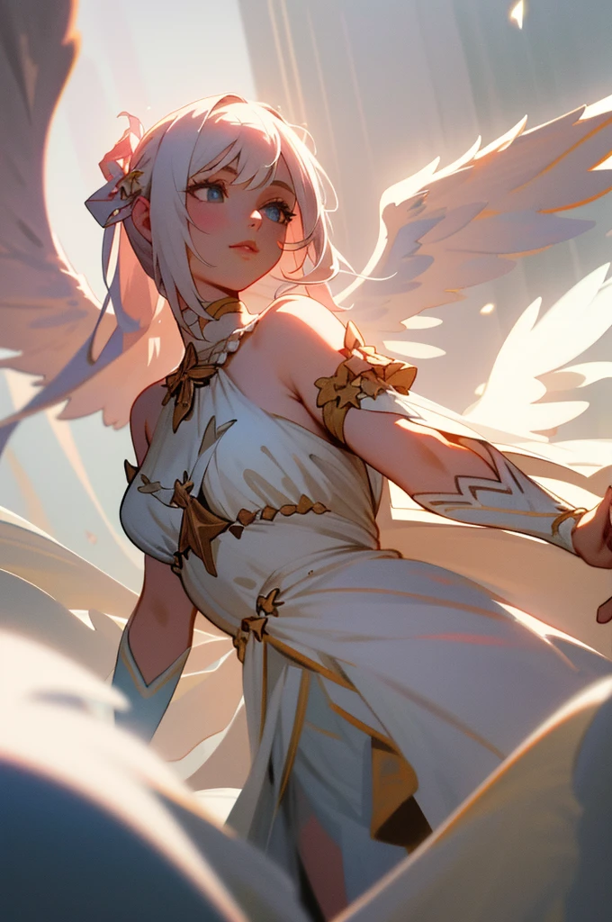 (very delicate, Masterpiece, Excellent lighting and shadows, HD wallpaper 8K), woman, 25 years old, goddess, Greek, white angel wings, big wings, conjunctivitis, Big eyes, white hair, long straight hair, plump lips, pink cheeks, สวมชุดเทพGreek, The fabric is long and flowing.., white dress, Among the clouds, star, at night