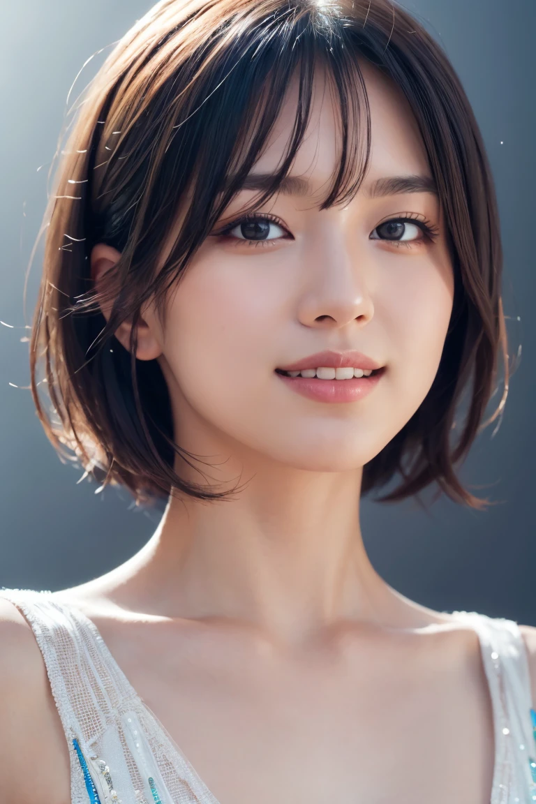 1 girl, (Wearing colorful stage costumes:1.2), Very beautiful Japanese idol portraits, Face close-up, (RAW Photos, highest quality), (Realistic, Realistic:1.4), (masterpiece), Very delicate and beautiful, Very detailed, 2k wallpaper, wonderful, finely, Very detailed CG Unity 8K wallpaper, Very detailed, High resolution, Soft Light, Beautiful detailed girl, Very detailed目と顔, Beautiful and sophisticated nose, Finely beautiful eyes, Cinema Lighting, (Simple light color background:1.3), (short hair), (Bob), Complete Anatomy, Slender body, Small breasts, smile