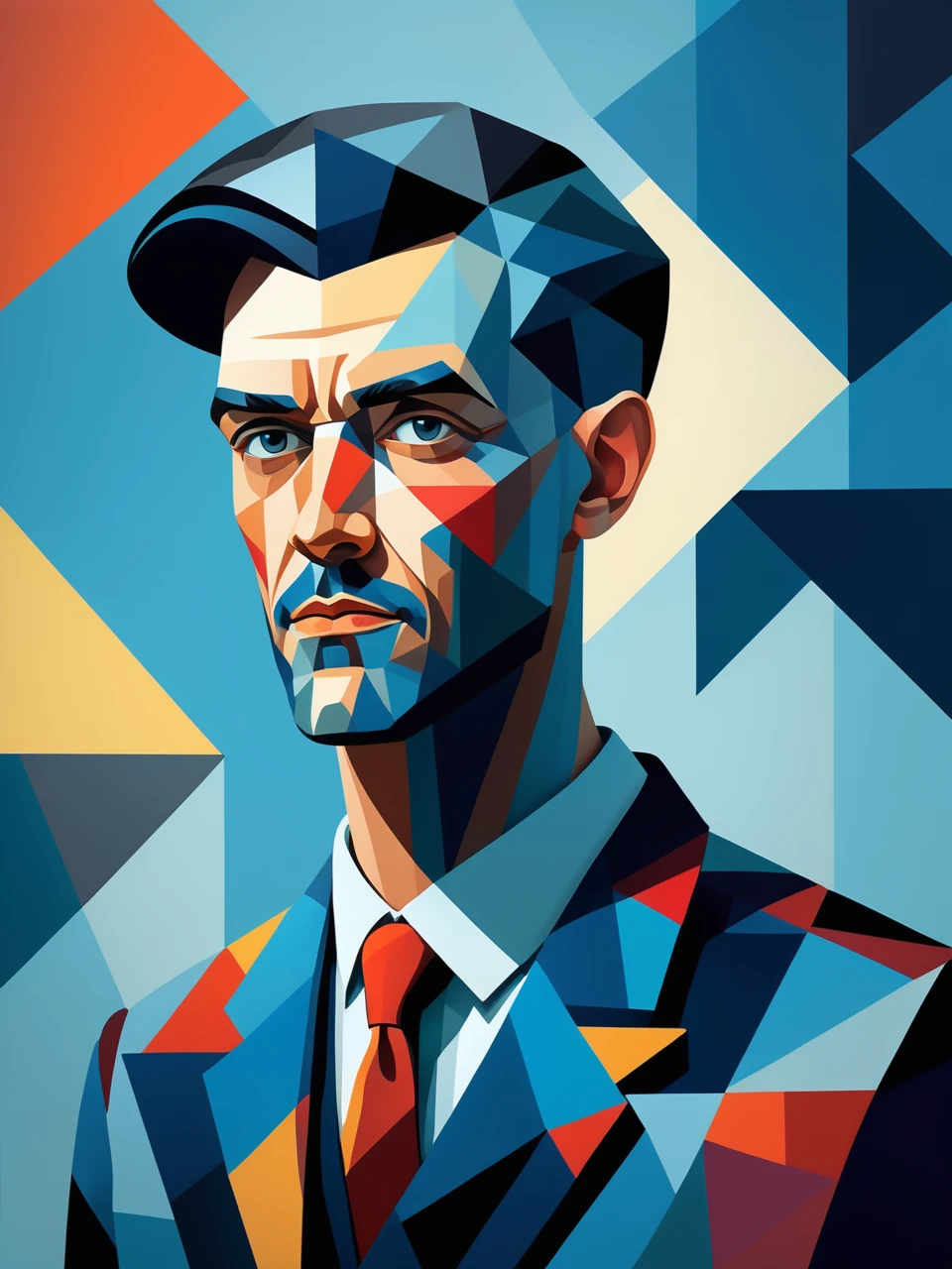 Draw a portrait of a man wearing vintage clothing，With cubist style and colorful geometric elements。Background is hazy blue gradient，Highlight the clarity and visual impact of the avatar。