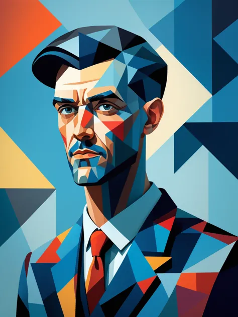 Draw a portrait of a man wearing vintage clothing，With cubist style and colorful geometric elements。Background is hazy blue grad...