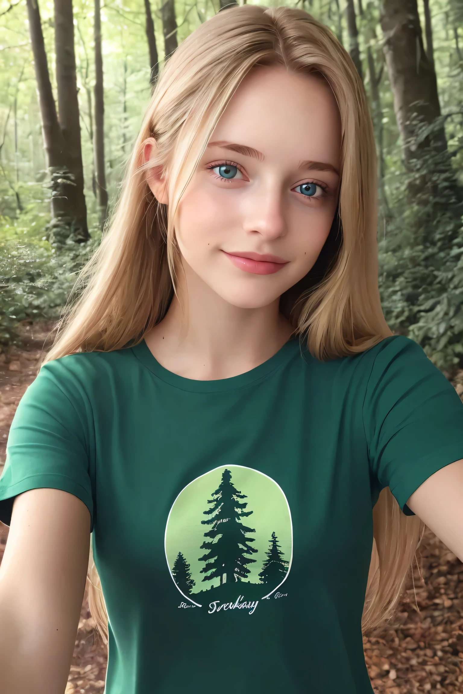 Beautiful young woman taking a selfie, Taken with iPhone camera、Swedish beauty,Long Hair, Upper Body,One Girl, in a forest,  green t-shirt, nothing on the t shirt