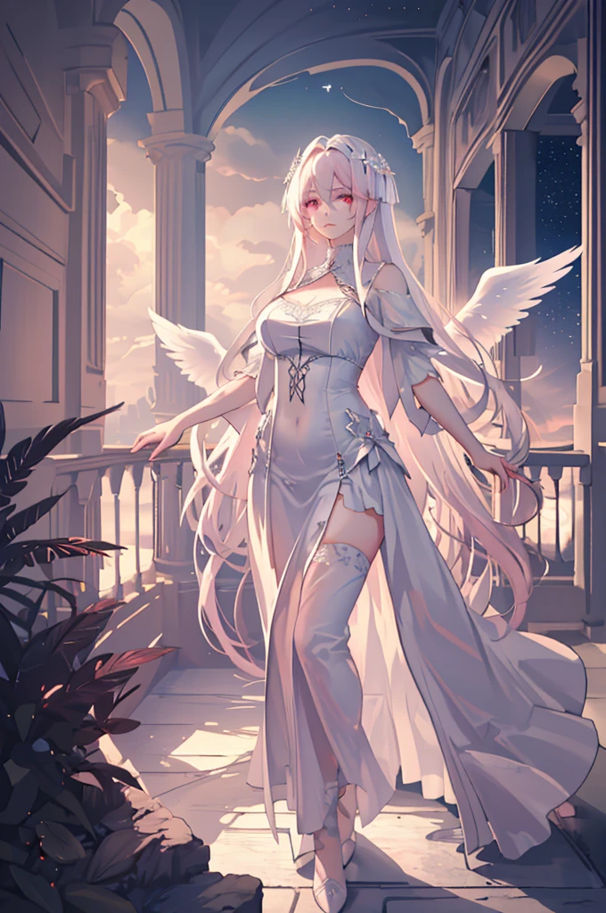 (very delicate, Masterpiece, Excellent lighting and shadows, HD wallpaper 8K), woman, 25 years old, goddess, Greek, white angel wings, big wings, Wingspan, red eyes, Big eyes, white hair, long straight hair, plump lips, pink cheeks, big breasts, wide hips, สวมชุดเทพGreek, The fabric is long and flowing.., white dress, Among the clouds, star, at night