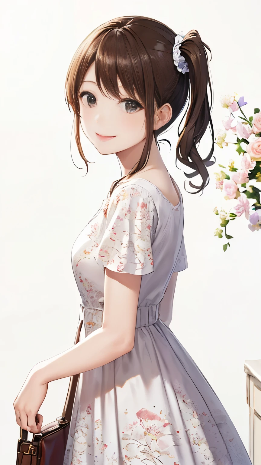 (((Frame In)))、(((Cowboy Shot)))、(((White wall background)))、(((Best image quality、8K、Beautiful woman、White wall background)))、(((Brown Hair)))、(((Side Ponytail)))、(((smile)))、(((Floral dress)))、(((Pure white background)))、Facing forward