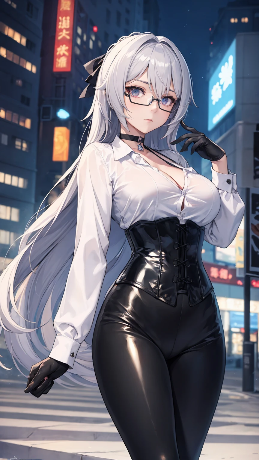 Masterpiece, Beautiful art, professional artist, 8k, detailed body, Very detailed face, very detailed eyes, Detailed clothing, detailed fabric, Best Quality, better resolution, 1 girl, bronya zaychik \(HONKAI IMPACT 3rd\), front view, standing, big breasts, serious expression, eyes without pupils, long silver hair, round chinese glasses, choker:1.6, (white collar button down long sleeve shirt), (shiny black corset), black gloves that cover your hands, (shiny black leggings), looking at the viewer, modern city, At night