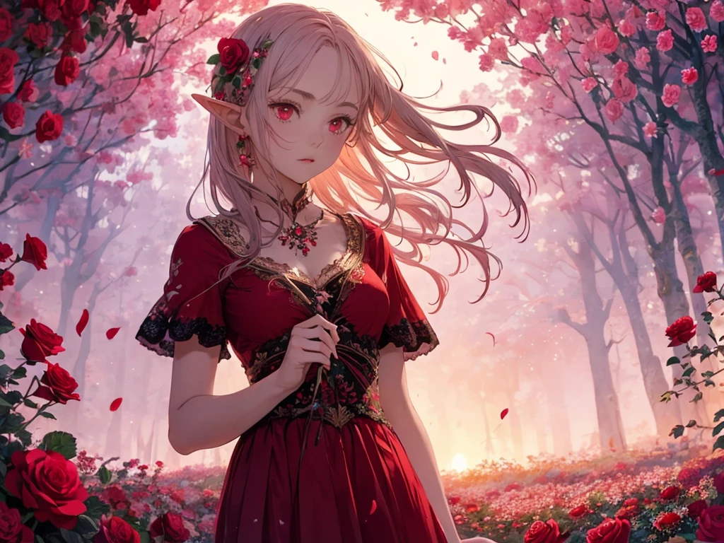 (masterpiece:1.2),(1 girl),elf,red cute dress,beautiful detailed red eyes,In the fantastic beauty of the pink sunset, Countless vibrant red roses bloom, Bokeh, A gentle light spreads over the tranquil surroundings, Delicate petals blend into intricate patterns,The background is soft and blurry,Add a dramatic and symbolic element to your scene, The petals are soft, Magical colors and atmosphere,sideways glance